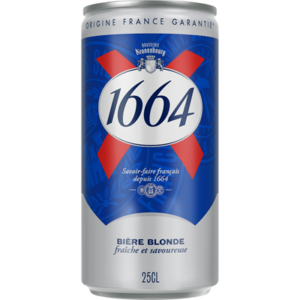 Découvrez la bière blonde 1664, une explosion de saveurs avec ses 5.5° d'alcool ! Profitez de cette boîte de 25 cl pour une expérience rafraîchissante et intense.